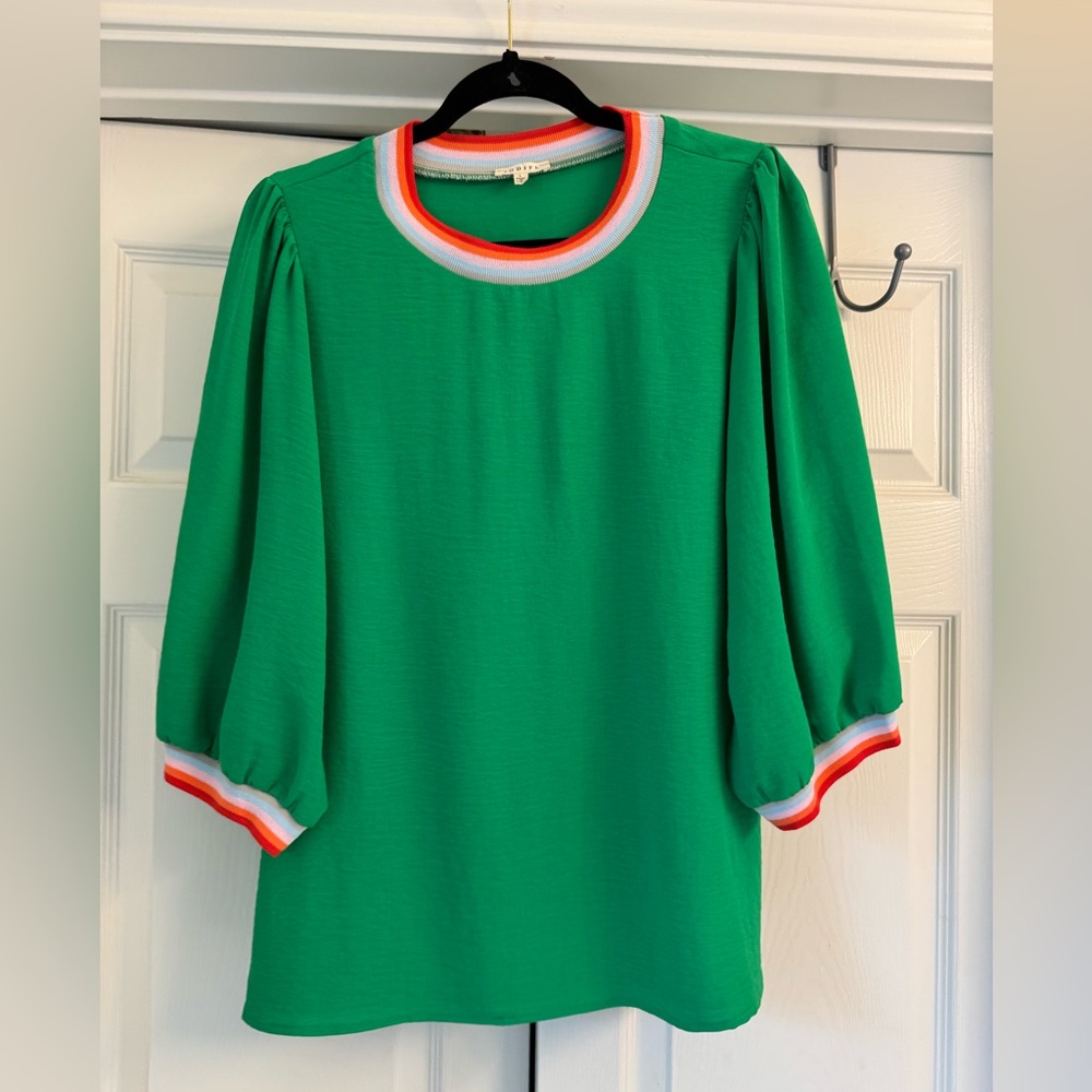 Emerald Green Puff Sleeve Top with Colorful Trim